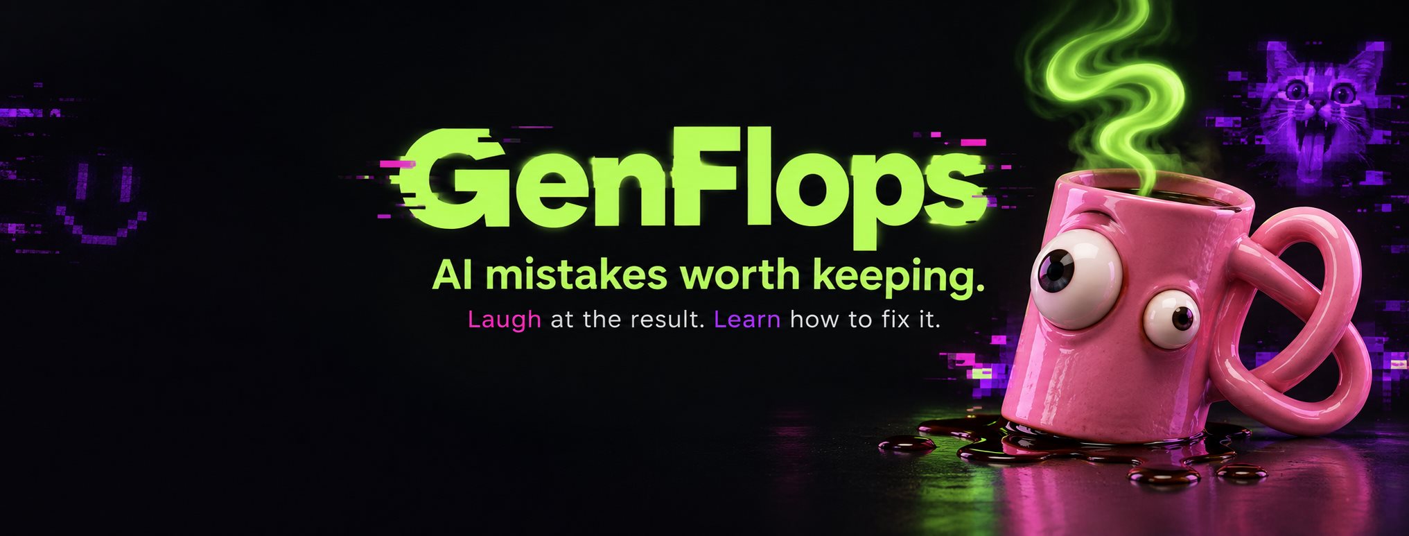 GenFlops — AI mistakes worth keeping. Laugh at the result. Learn how to fix it. A pink, googly-eyed mug with an impossible handle.